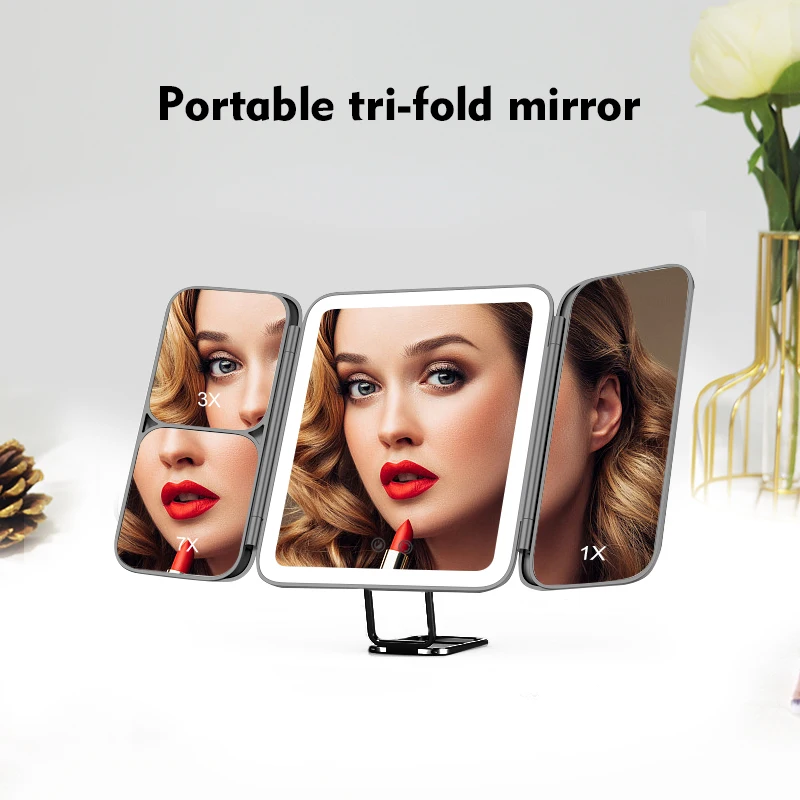 3 способа три раза умное Зеркало сенсорный экран ручной 3x 7x увеличительное складное портативное косметическое зеркало со светодиодной подсветкой, зеркало для макияжа