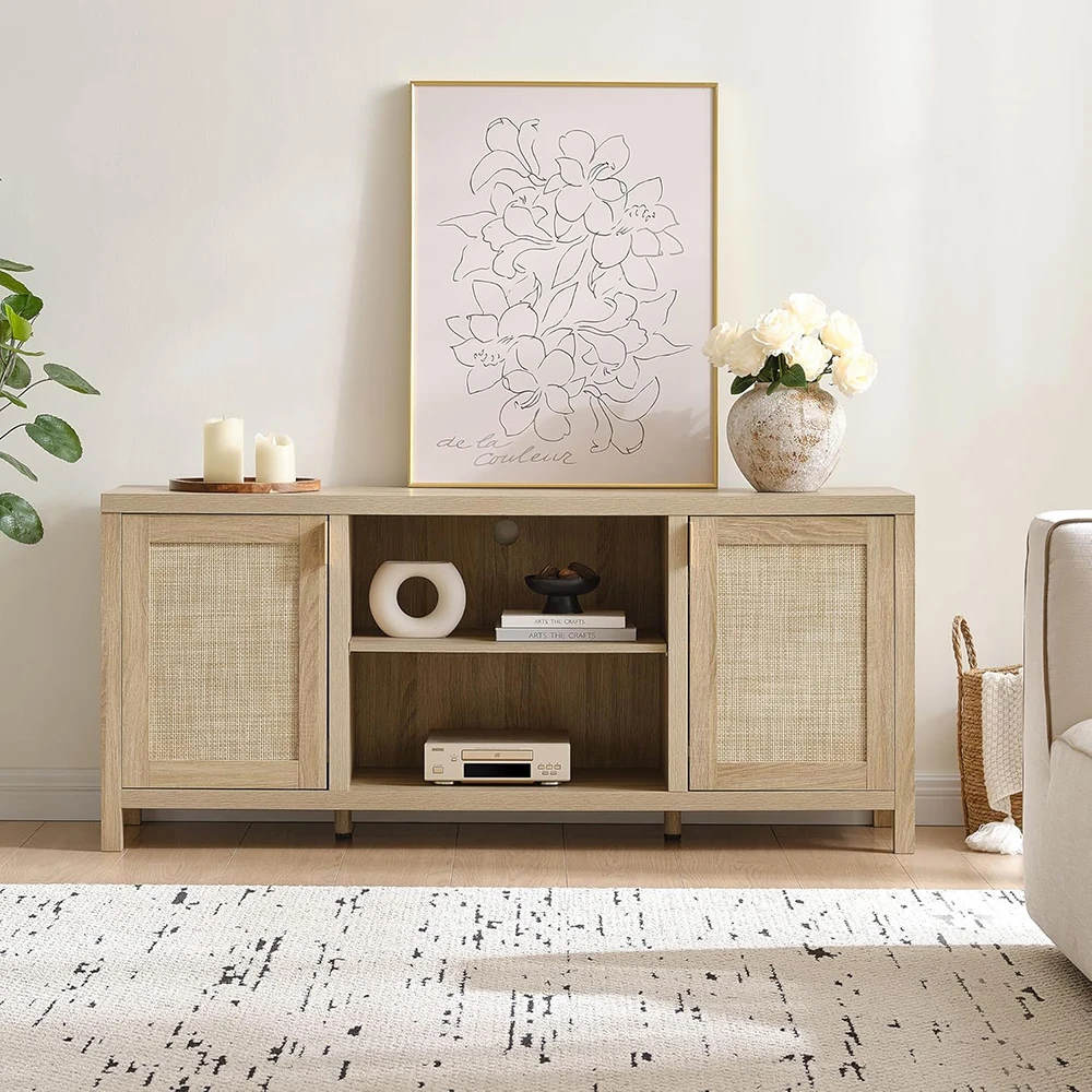 Rattan Modern Farmhouse TV Stand Living Room 26" Tall Console Cabinet Storage Adjustable Shelves 59" Media for 50/55/65" TVs