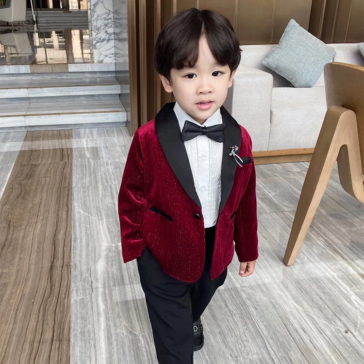 NIMBLE Velvet Red Shawl Collar Boys Formal Wedding Dress Suits Blazers Kids  Designers Clothes Pieces Gentleman Jact Clothing