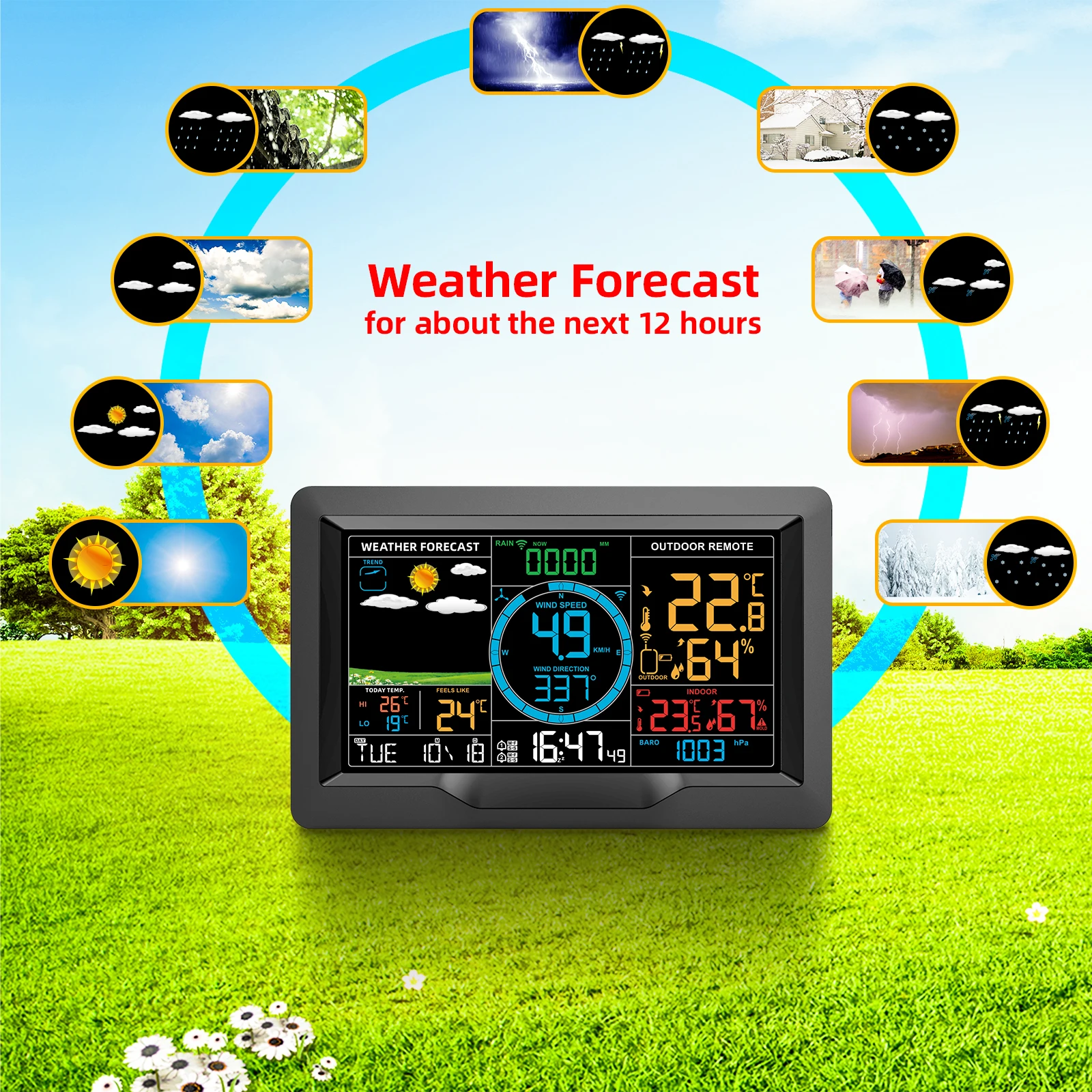Colorful Professional Weather Station  with Wind Speed Direction Forecast and Barometer for Home Wireless Weather Station