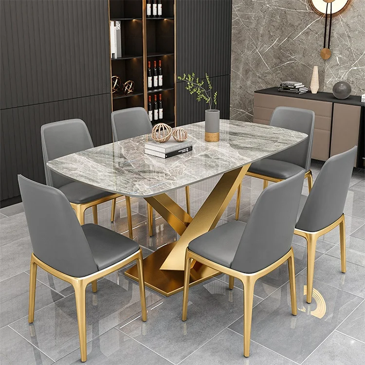 Modern Style Dining Tables with Chair Steel Base Home Furniture Marble Top Luxury Dining Table Set