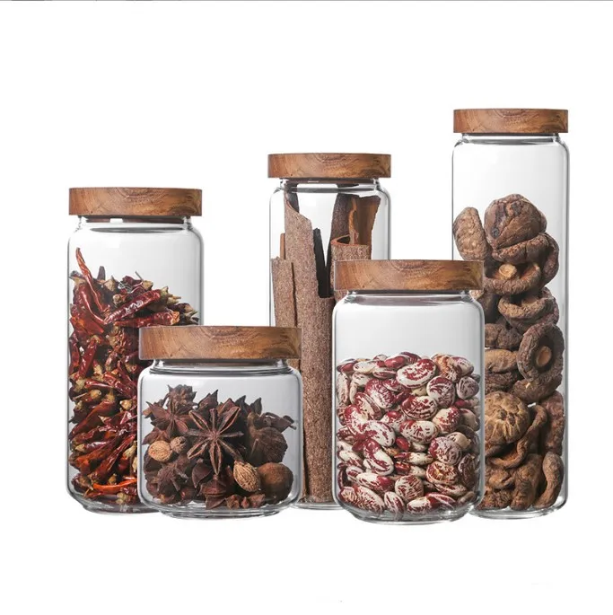 Transparent Glass Storage Jar with Acacia Wood Lid Kitchen Food Container for Coarse Cereals Coffee Bean Tea Customizable Logo