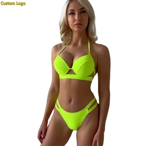 Wholesale Custom Logo Women Underwire Triangle Bikini Spaghetti Strap Push Up Swimsuit Cheeky Neon Green Two Piece Bathing Suit
