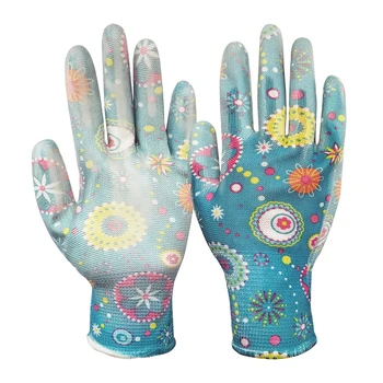 GN1004 Custom Floral Flower Printed Polyester Liner Ladies Safety Gloves Fashionable Hand Gardening Work Gloves PU/Nitrile
