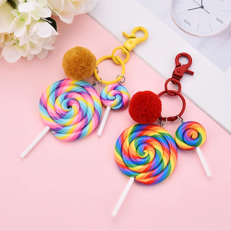 Lovely Rainbow Lollipop Polymer Clay Key Chain Ornaments with Pom Pom Ball Color Metal Hook Key Ring Car Bag Accessories Gifts