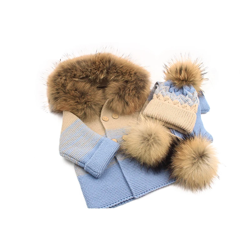 2024 Лидер продаж акриловая трикотажная одежда натурального цвета Детская шерстяная куртка из меха енота зимний комплект для девочек