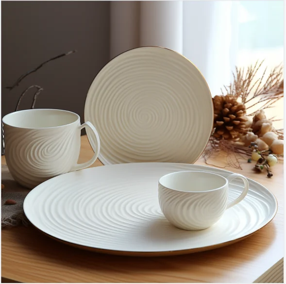 FENN Manufacture Dinner Sets Modern Nordic Style Embossed Design Dinnerware Restaurant Hotel Used Ceramic Dinner Plate Sets