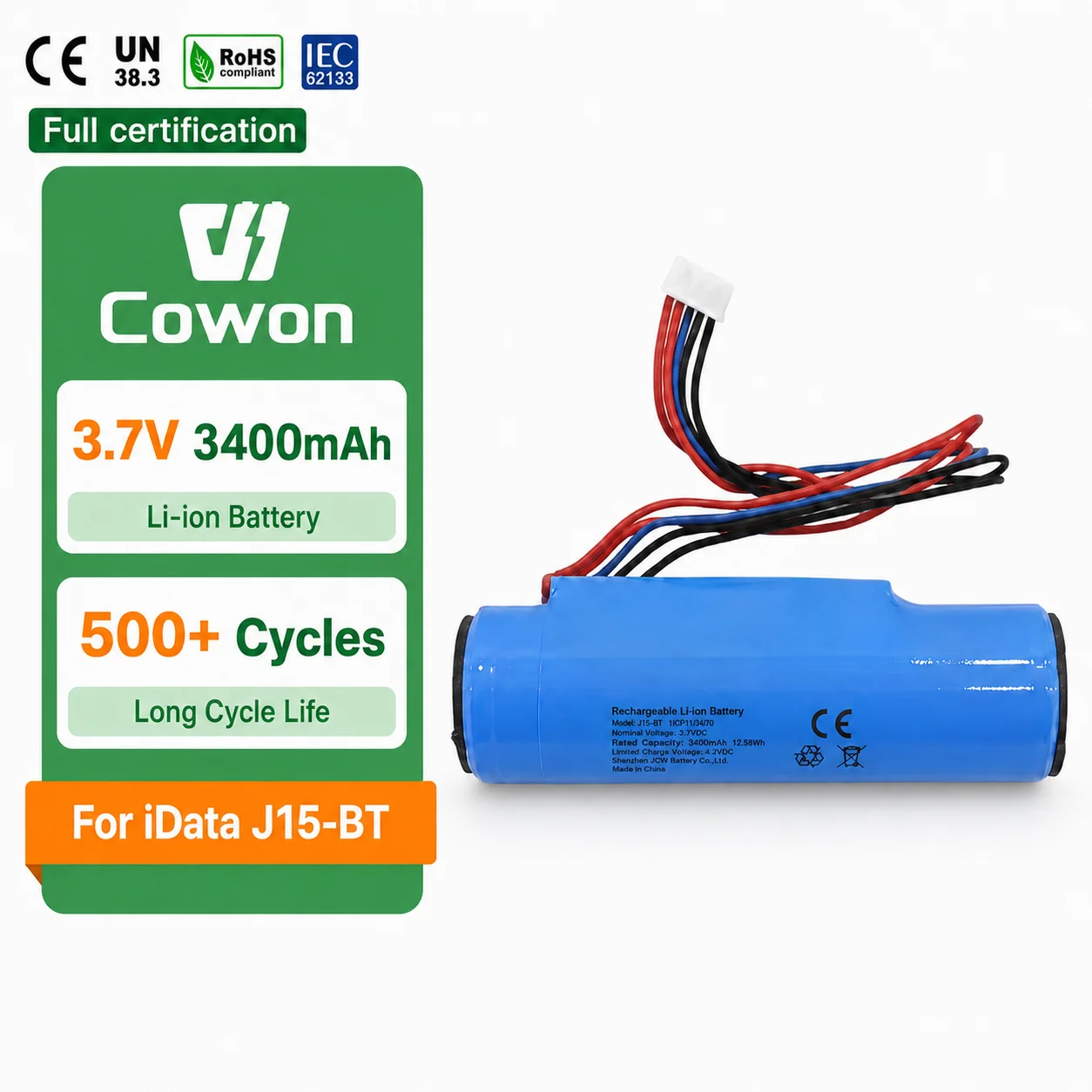 Cowon 3.7V 3400mAh Li-ion Replacement Battery for IData J15 J15-BT J15BT Handheld Barcode Scanner Battery Pack