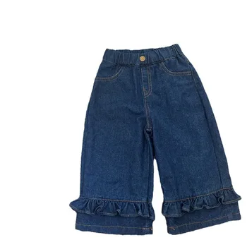 2024 Autumn new children's wooden ear stitching jeans girls fashion straight-leg trousers