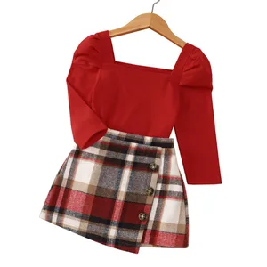 2022 Spring Autumn Girls Wear Baby Long Sleeve Square Collar Shirt Plaid Skirt 2pcs Outfit Children Clothes Set