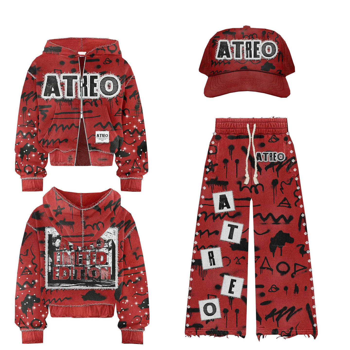 Custom Heavyweight Acid Wash Sun Faded Rhinestone Double Zipper Cropped Hoodie Streetwear Tracksuits Sweatpants and Hoodie Set gallery 2
