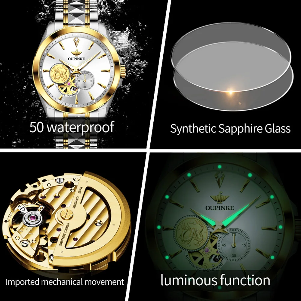 OUPINKE 3260 High Quality Fashion Mens Wrist Stainless Steel Waterproof  Watch Luxury Wristwatch Automatic Mechanical Watches CP