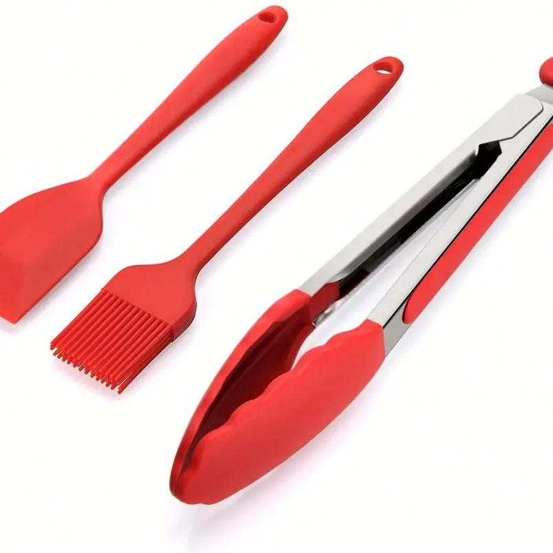 3pcs Kitchen Cooking Utensils Set, Household Use Silicone Tongs & Brush and Spatula, Heat-resistance BBQ Grilling Tools