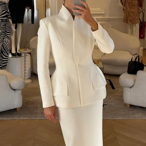 Casual Stand Collar Jacket Suit Women Full Sleeve Button Waist-closed Jackets High Waist Office Dress 2026 Loose Skirt Suits
