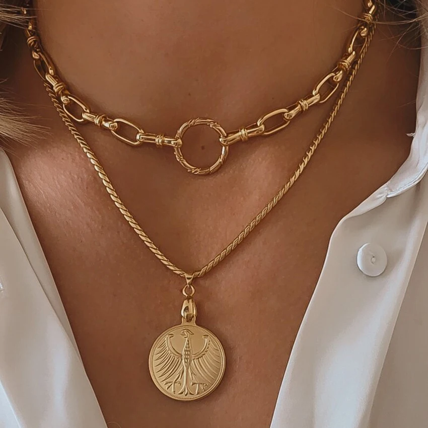 Statement Chunky Link Chain Necklace 18K Gold Plated Vintage Medallion  Eagle Coin Necklace for Women