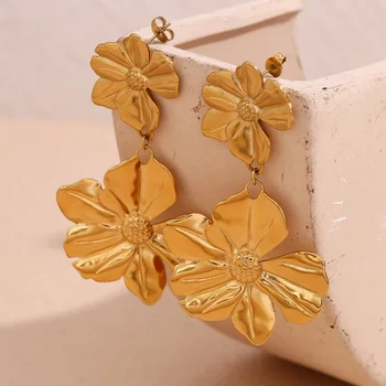 Gold Plated Dangle Earrings Flower Drop Earrings Tarnish Free Jewelry Stainless Steel Fashion Jewelry