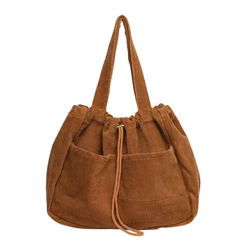 Customized Large Capacity Soft Corduroy Tote Bag with Drawstring Closure