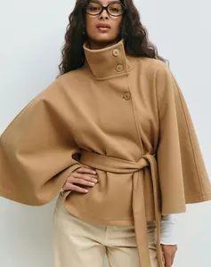 Elegant Cape Coat Fashion Loose Stand Neck Belt Female Streetwear Autumn Winter Casual Lady Outwear