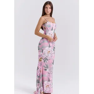 Pink Floral Sexy Maxi Dress Women Gown Spaghetti Strap Sleeveless Backless Elegant Evening Club Party Long Dress 3242