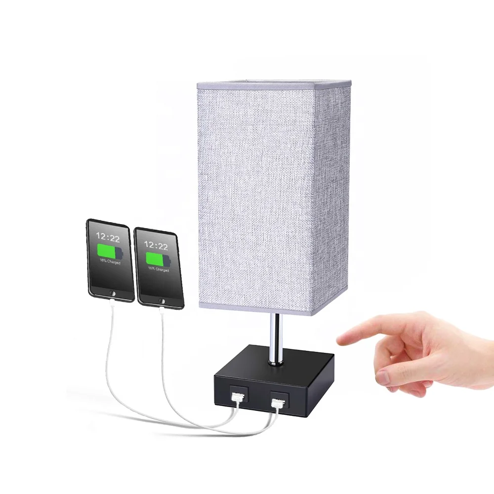 Настольная USB-лампа, прикроватные лампы с 2 USB-портами для зарядки для спальни, ночник с серой тканевой затеняющей подставкой