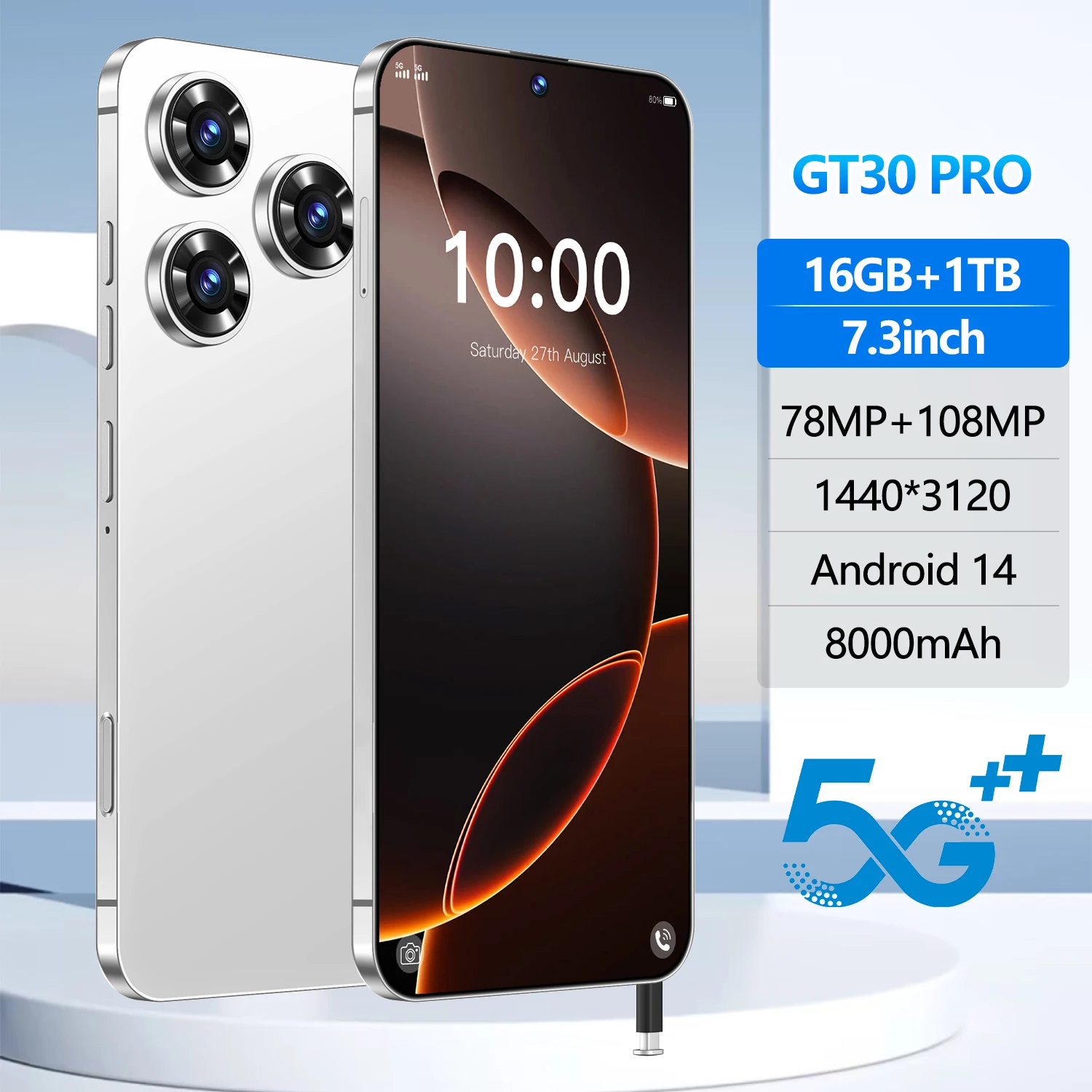 Wholesale GT30 PRO 5G Android 14 Phone, 16GB+1TB, 108MP Camera