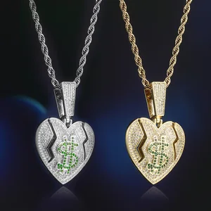 Wholesale Custom Iced Out Heart Pendant Gold-Plated US Dollar Design with Bling Diamond Zircon Children's Brass Necklace Jewelry
