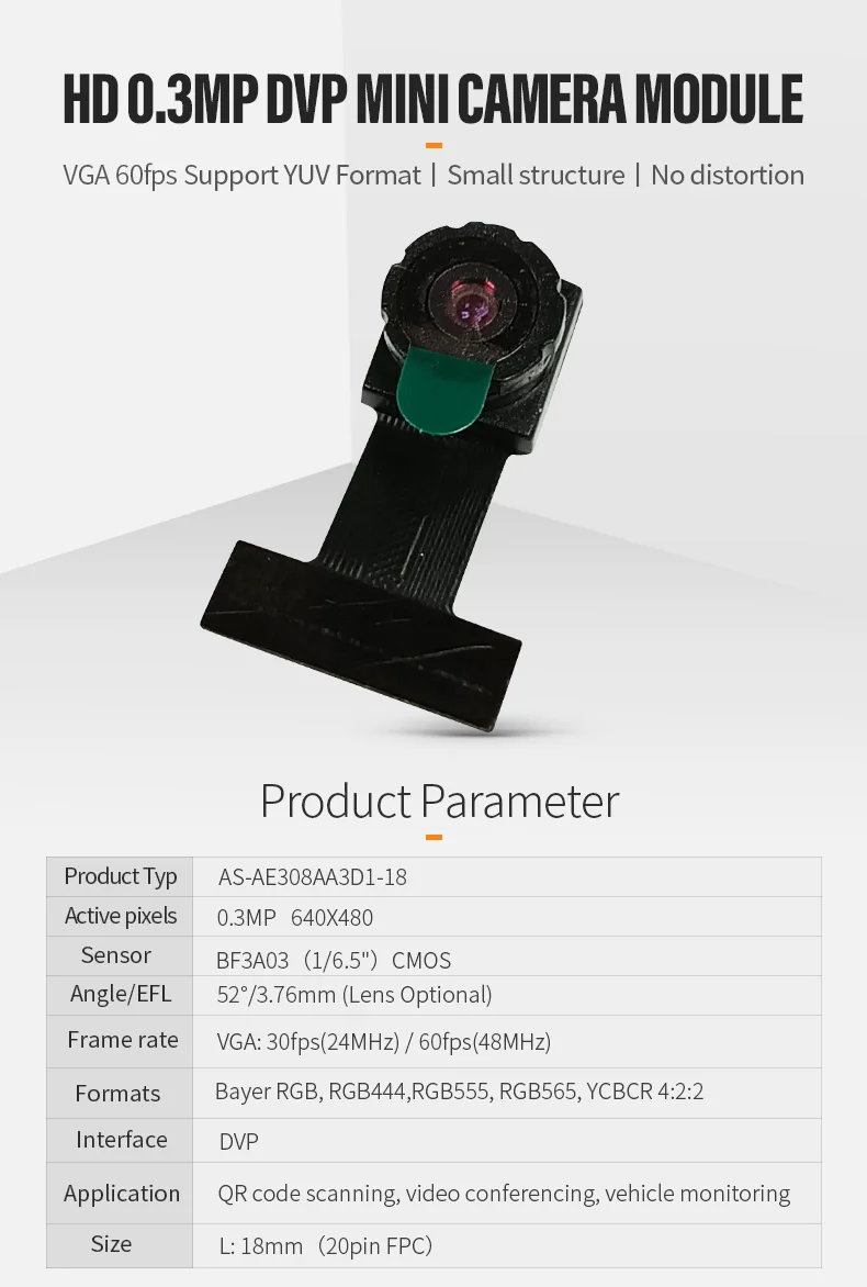 DGZX 0.3MP 1/6.5 Inch CMOS BF3A03 Monochrome 24PIN Fixed Focus Mini Camera Module for Scanning Code Payment Device插图