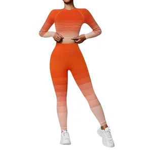 Women's Orange Gradient Sports Set Long Sleeve Top and Long Pants Tight-Fitting Comfortable Yoga Workout Set for Running
