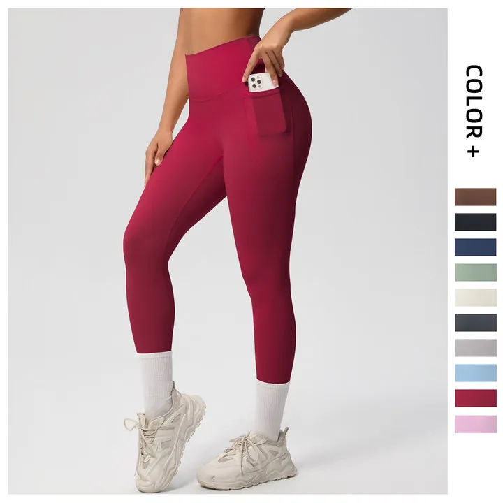 High Waist Pocket Solid Peach Four-Way Stretch Breathable Running Hip-lifting Fitness Sp