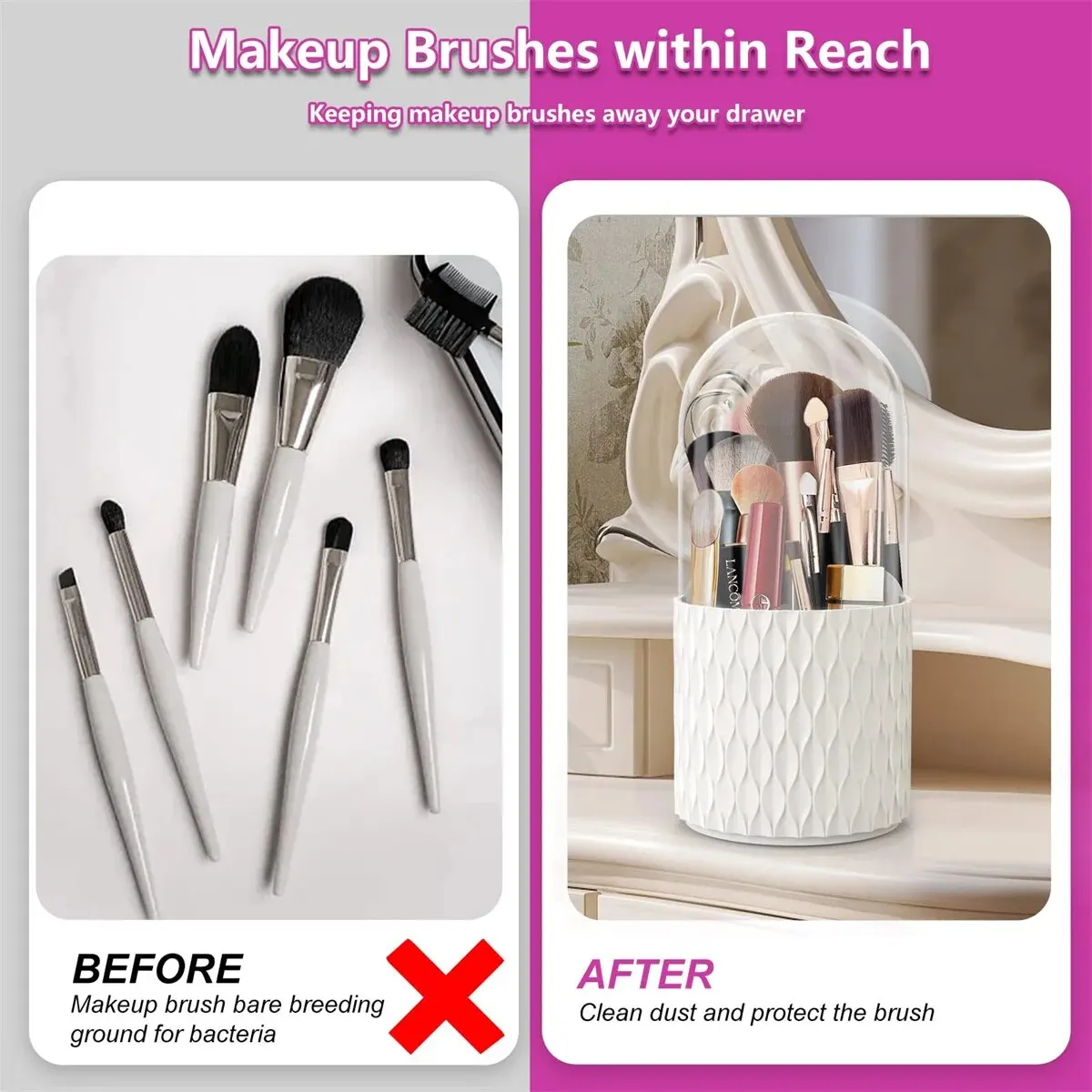 Custom 360 Rotating Makeup Brush Organizer With Dustproof Lid Large