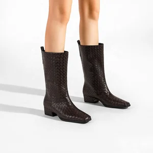Moncheer Women's Mid-Calf Boots in Brown Woven PU Leather Square Toe Low Heel Classic Western Style for Winter