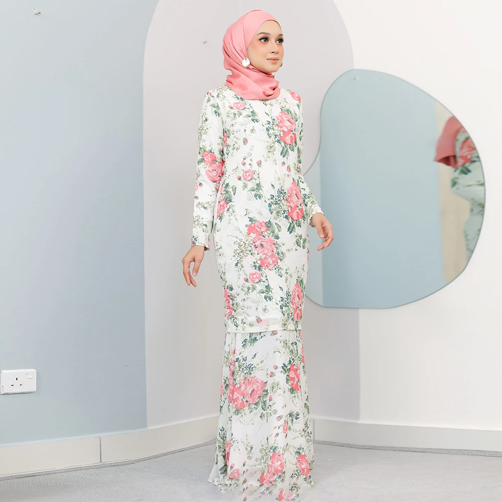 2023 Malaysia Traditional Custom Pattern Blouse Skirt Set  Floral Printing Heavy Chiffon CoTudung Girl Baju Kurung