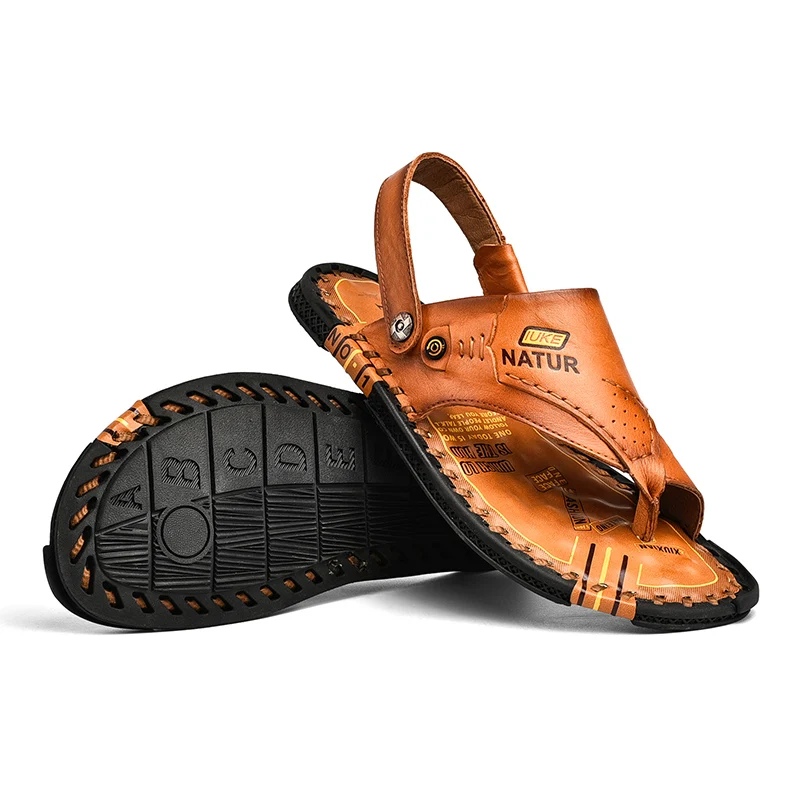 In Ready Stock High Quality Summer Mens Flip-Flop Luxury Genuine Leather Flat Soft Bottom Beach Slippers