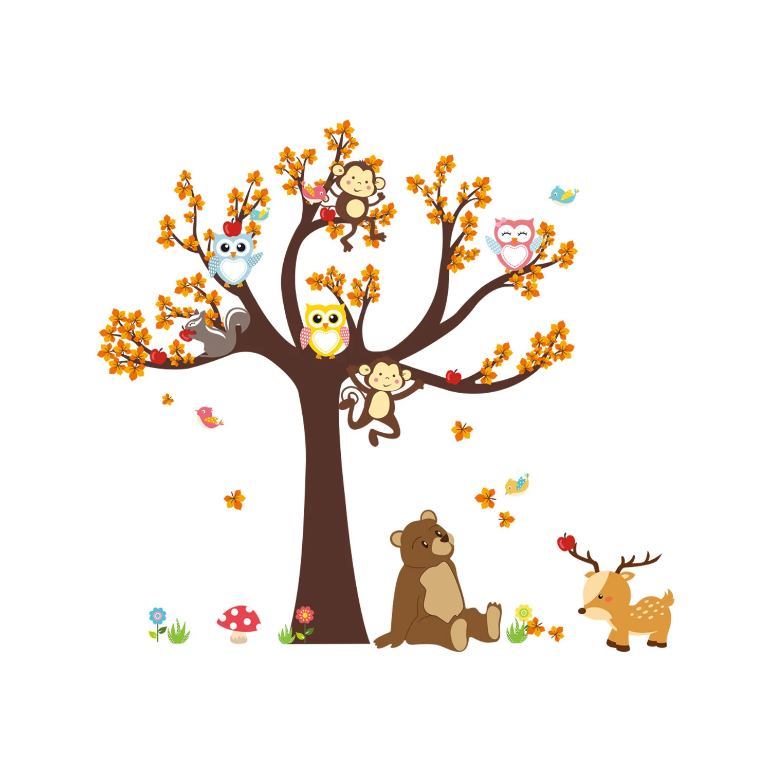 Cartoon Forest Tree Branch Animal Owl Monkey Bear Deer Wall Stickers for Kids Rooms Boys Girls Children Bedroom Home Decor