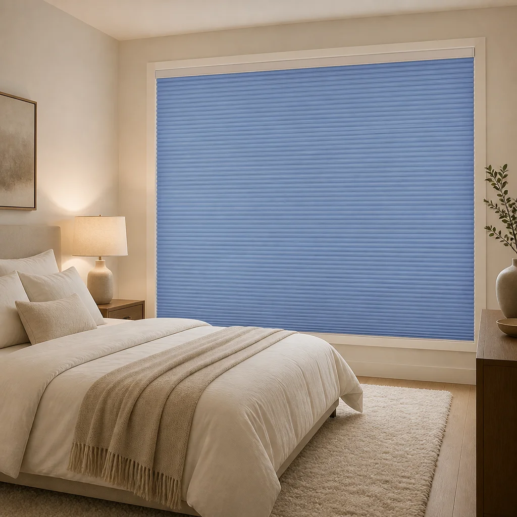 Motorized Honeycomb Blinds Full Blackout 25mm Cell Light Blue Novo Motor Zero Cord Bedroom Sleep Custom Size Factory Direct