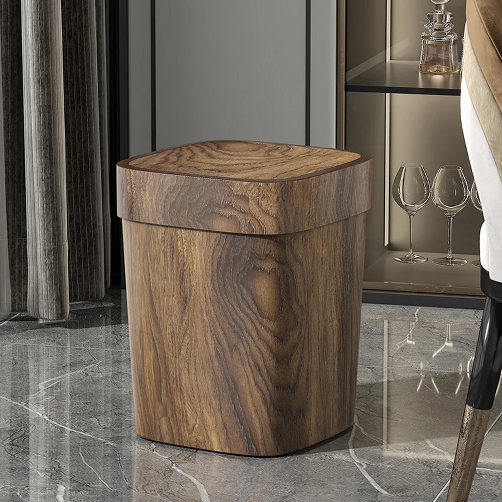 GREENSIDE Classic Waste Bin Wood Pattern Waste Trash Can Square PP Hotel Garbage Can Lid Home Kitchen Bathroom Dustbin Push Type
