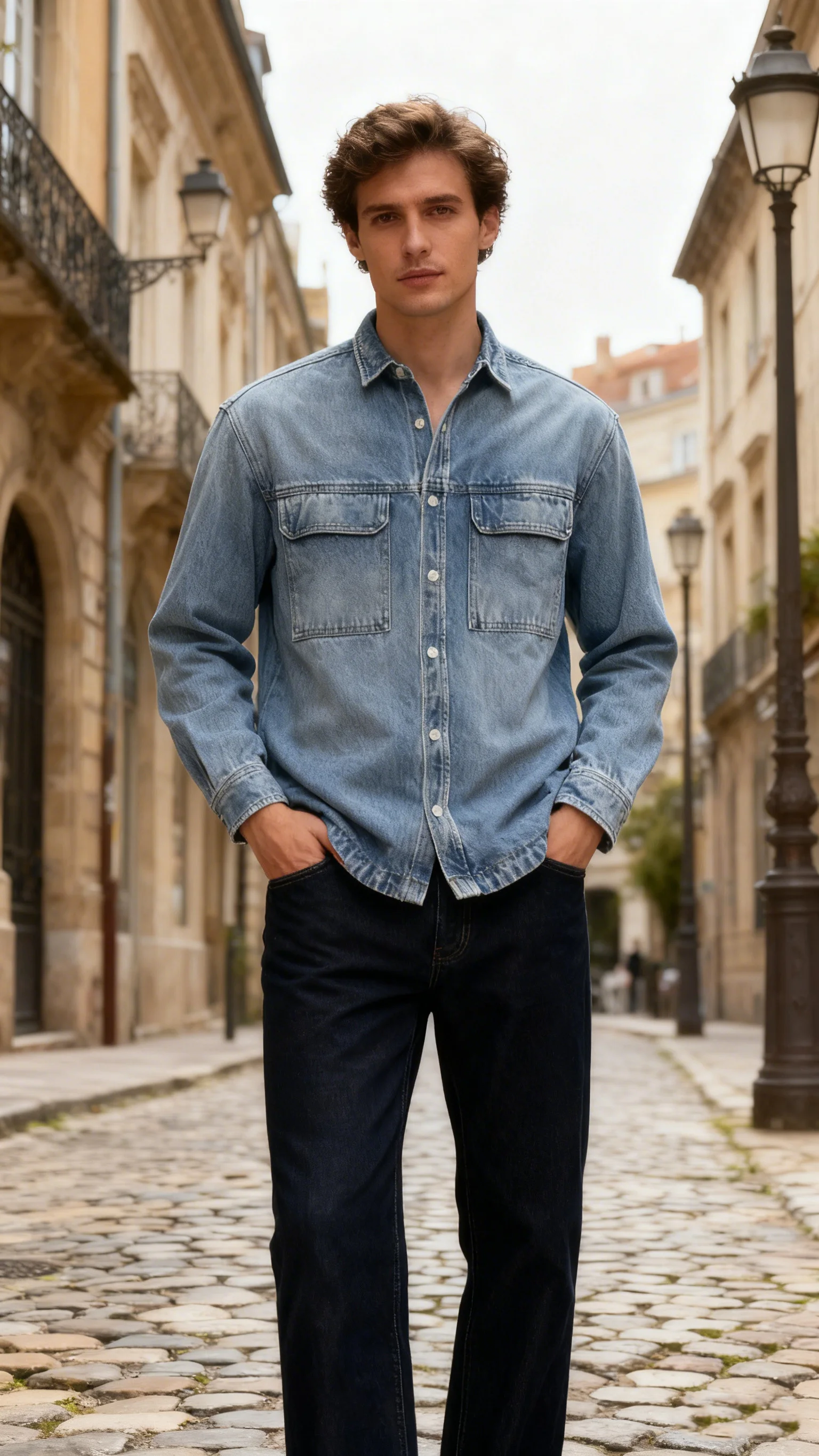 Men's Long-sleeved Shirt with Double Pockets