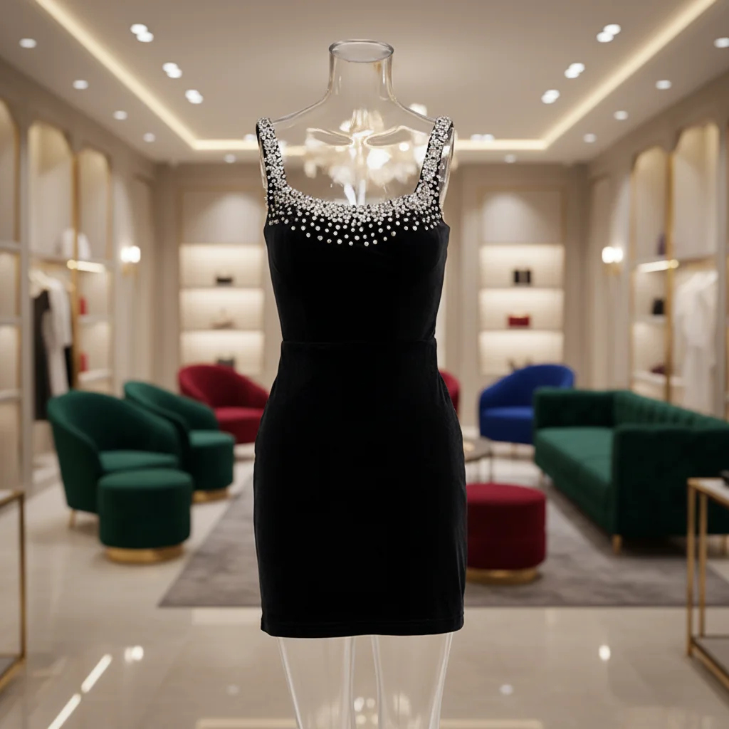 Elegant Short Gown That Replaces Volume With Vertical Emphasis And Textural Contrast