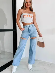 Cross-Border 2026 New Denim Wide Leg Vintage Jeans Medium Wash Nylon/Cotton High-Waist Quick Dry Fashion Women