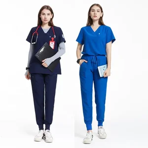 High Quality 4 Way V Neck Stretch Medical Scrub Uniforms Sets  Dark Blue Anti-Bacterial Hospital Uniform