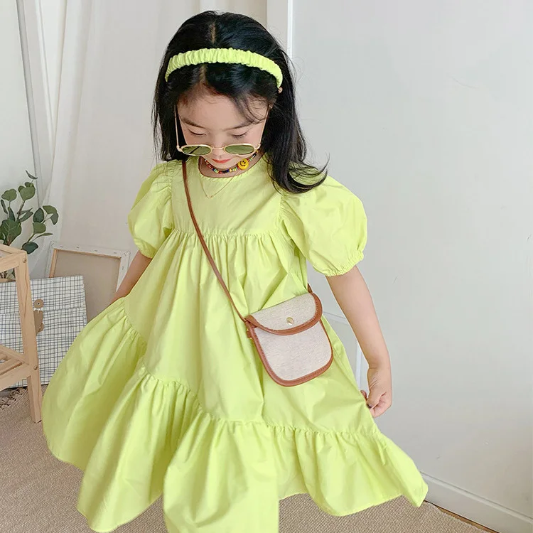 2022 Baby Girls' Summer Dress Green Solid Color Korean Style Puff