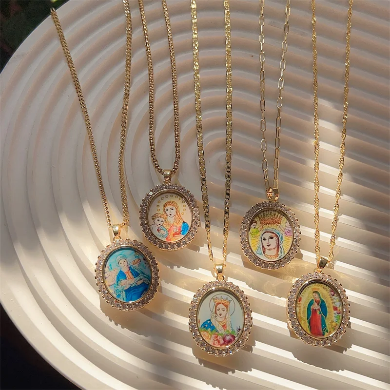 Wholesale Womens Catholic Religious 18K Gold Plated Zircon Paved Enamel Color Our Lady Virgin Mary Pendant Charm Necklace