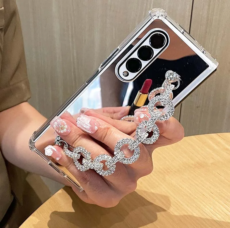 Luxury Electroplating Mirror Design Bling Phone Strap Style Silicone Folding Phone Case for Samsung Galaxy Z Fold 3 4 5 6