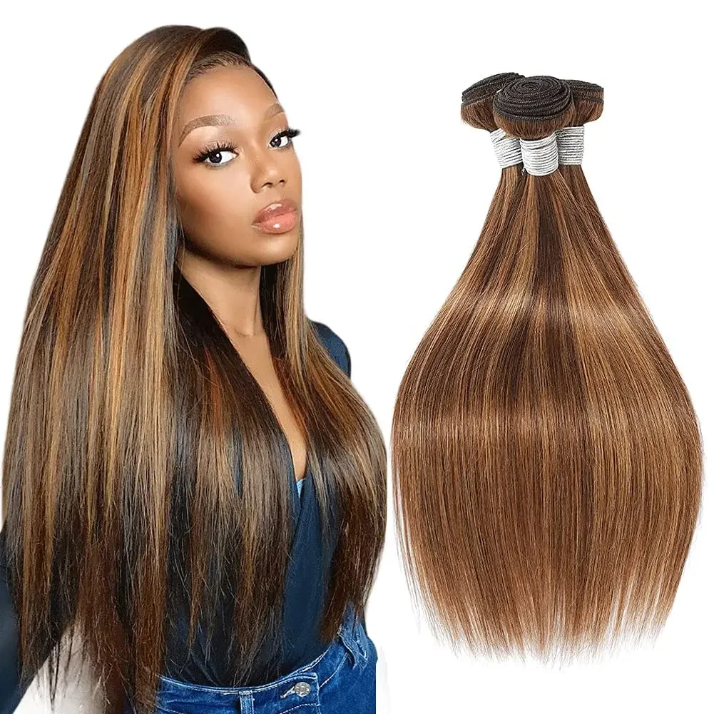 Brazilian Hair Bundles Straight Wave Human Hair 3 Bundles Remy Human Hair Weave Two Tone Light Brown Mix Blonde_voghion.com