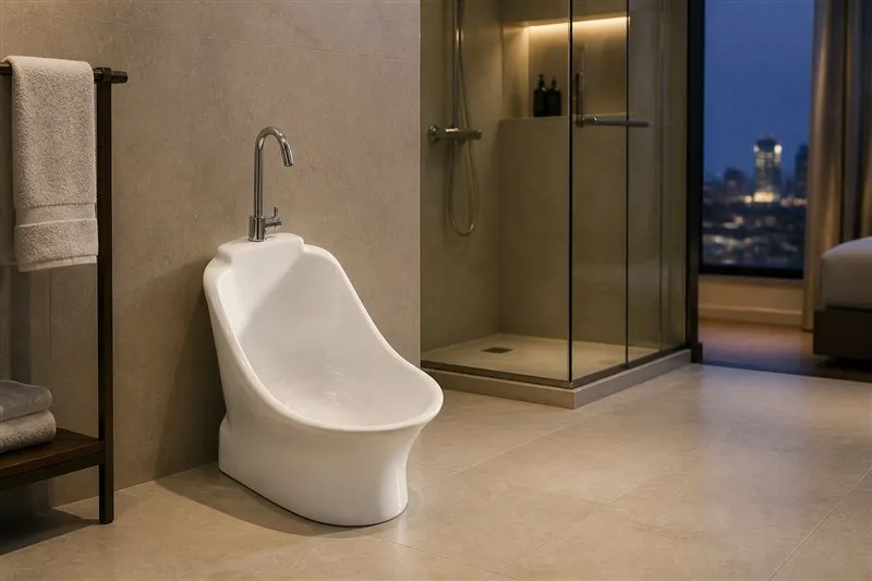White ceramic wudu basin in a hotel suite bathroom with light stone tiles