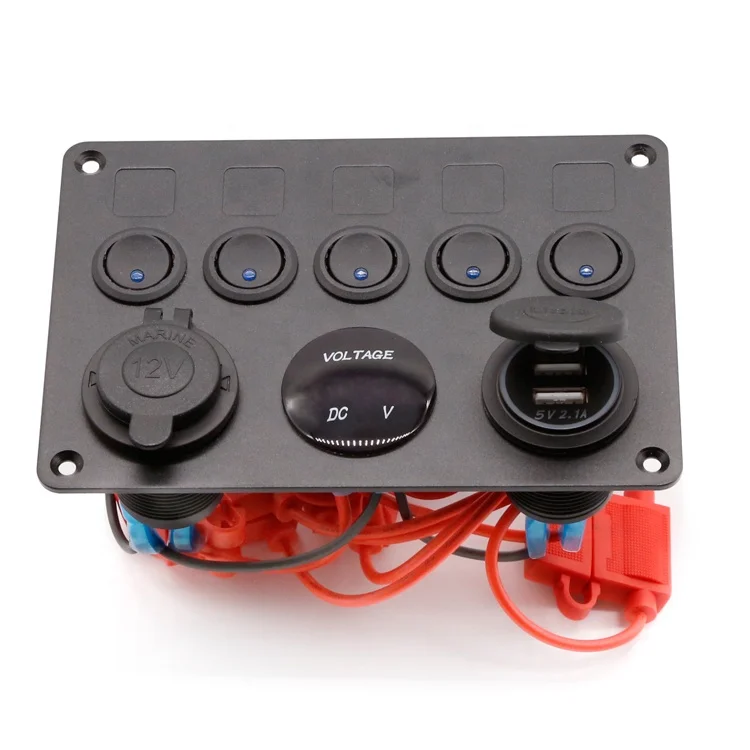 5 Gang LED Rocker Switch Panel Voltmeter Blue Socket Rocker Switch Car Boat Marine USB Switch with Inline Fuse Box