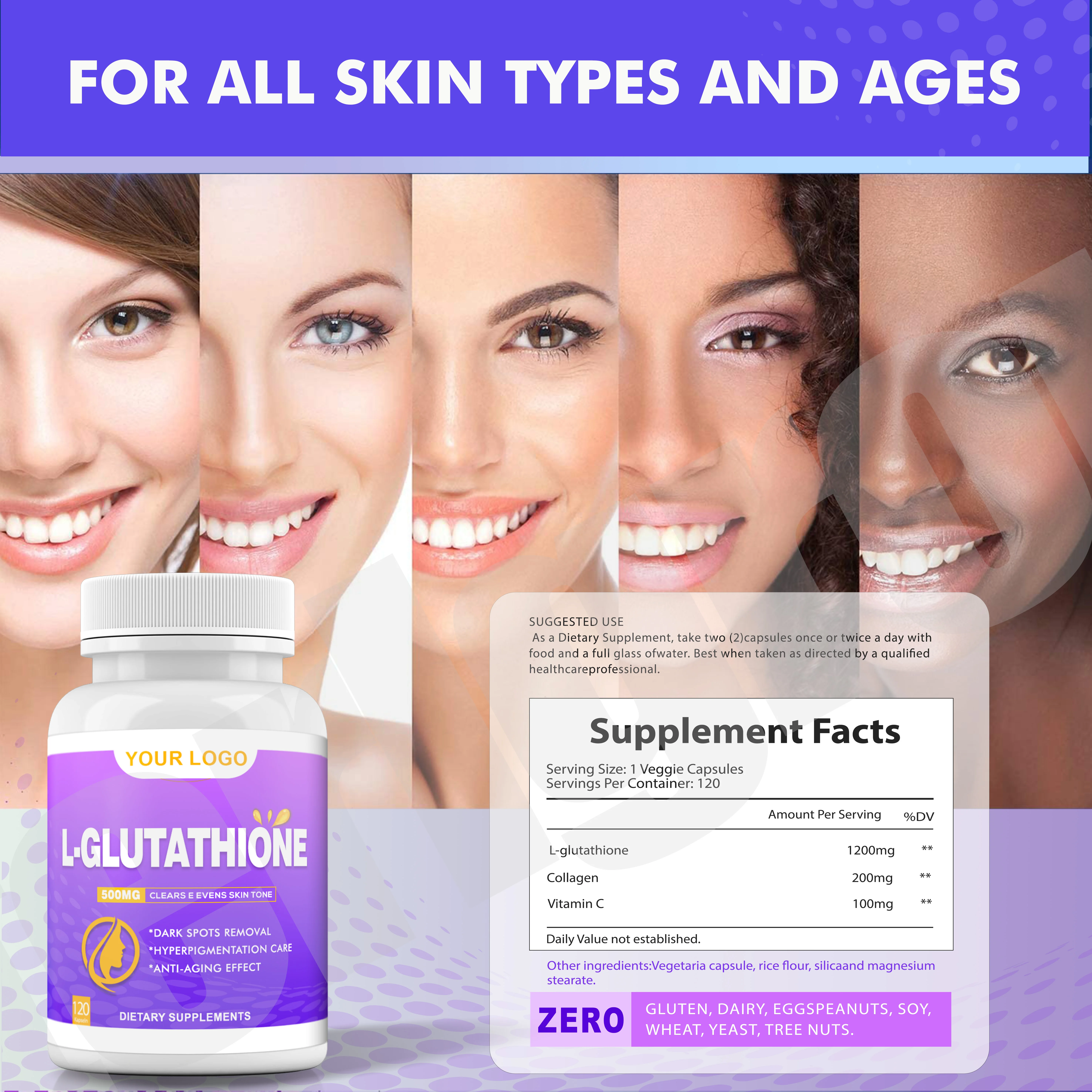 glutathione with collagen and vitamin c food supplement capsule L-glutathione Reduced Plus Skin Whitening L-glutathione Capsules بلسم منطقه العين Size:3 Ml Private Label L-Glutathione &