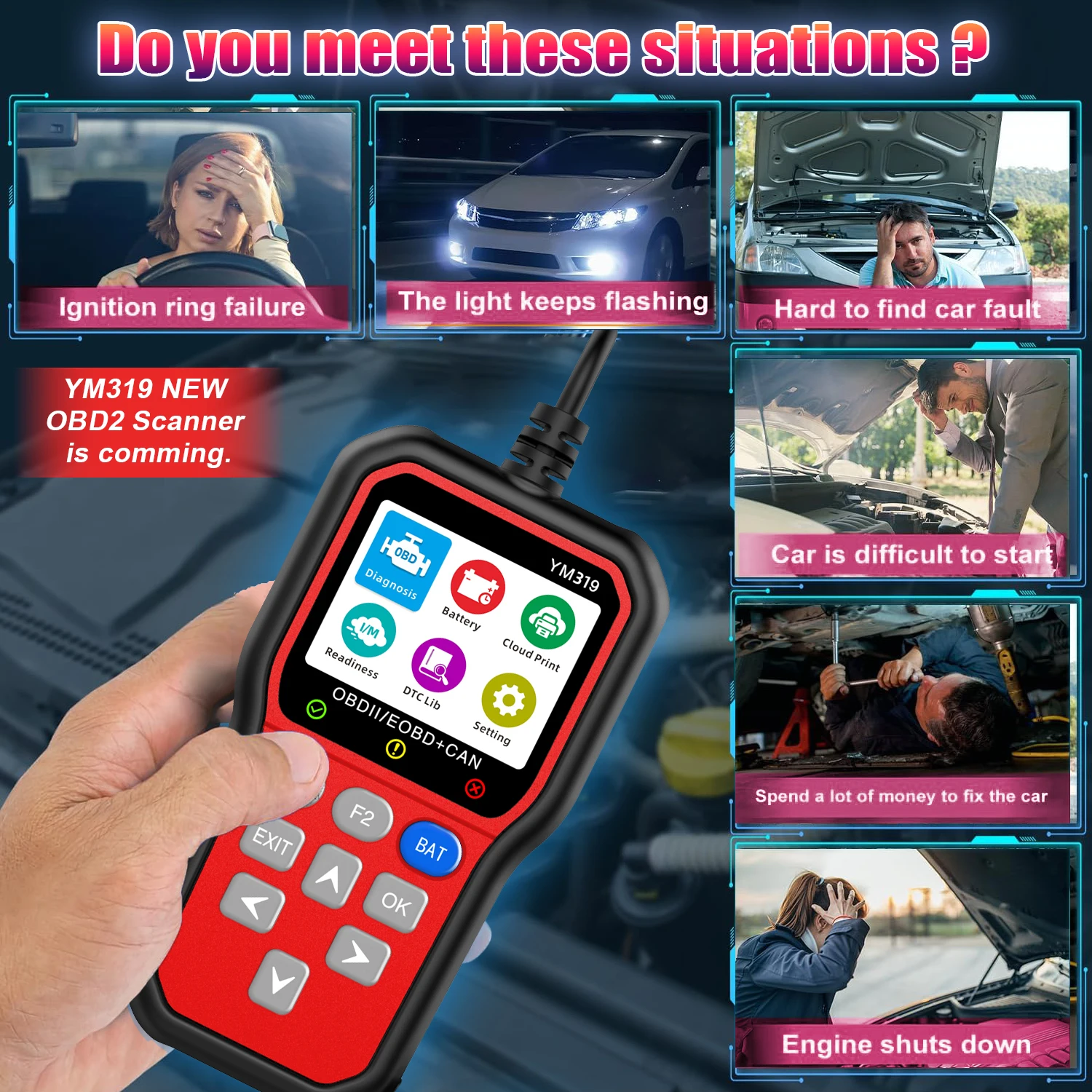 Handheld Red YM319 OBD2 Auto Code Reader Scanner Vehicle Diagnostic Tool for Cars
