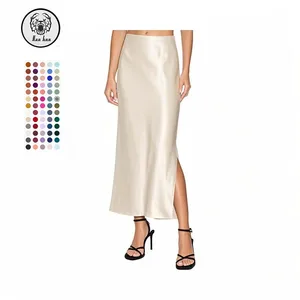 Custom Women's Elastic Waist Satin Silk Maxi Skirt Square Color with Slit Casual Summer Style Digital Printed Sexy Skirt