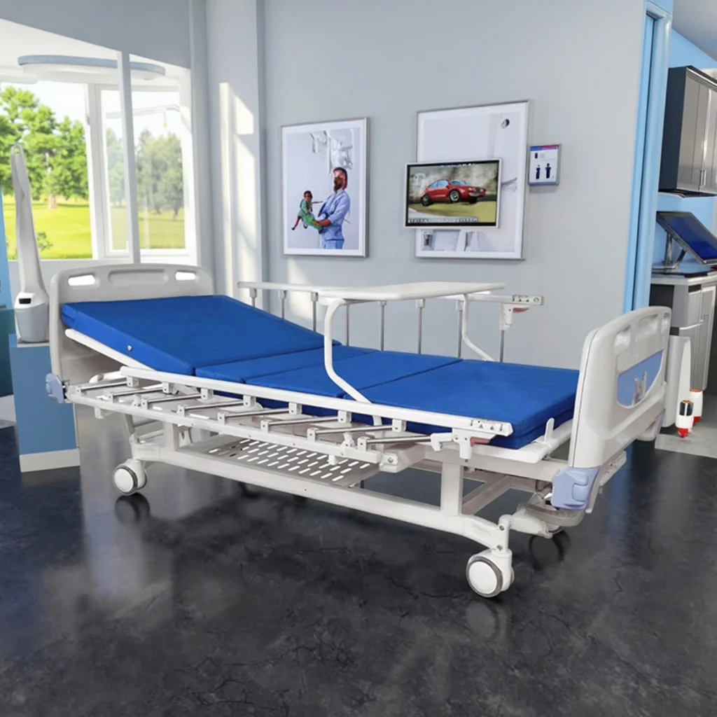 Manual Hospital Bed Adjustable Back Rest Foldable Metal Rails PP Headboard Modern Design Stainless Steel Base Infusion CE ISO 5